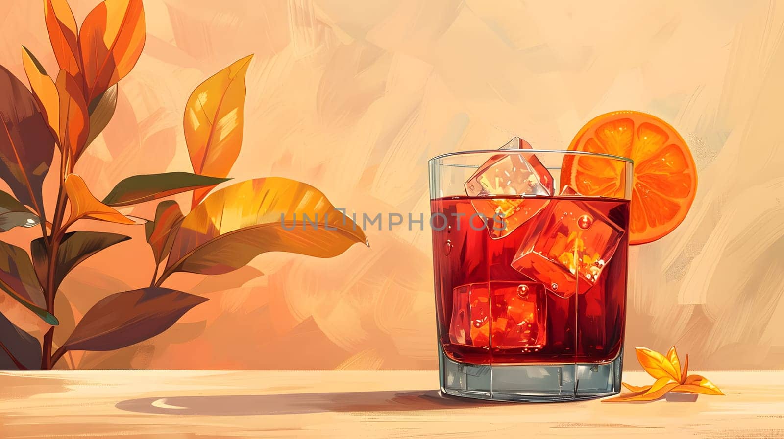 a glass of red liquid with ice cubes and an orange slice on a table by Nadtochiy