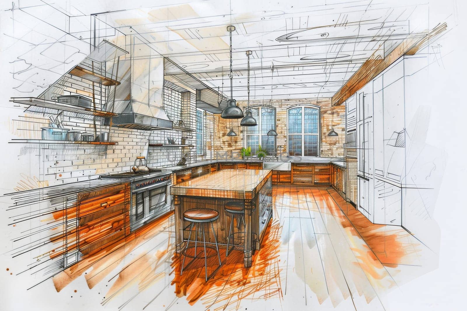 A detailed drawing showcasing a modern kitchen layout with a prominent island as the focal point. The design includes sleek countertops, spacious cabinets, and stylish lighting fixtures. Generative AI by AnatoliiFoto