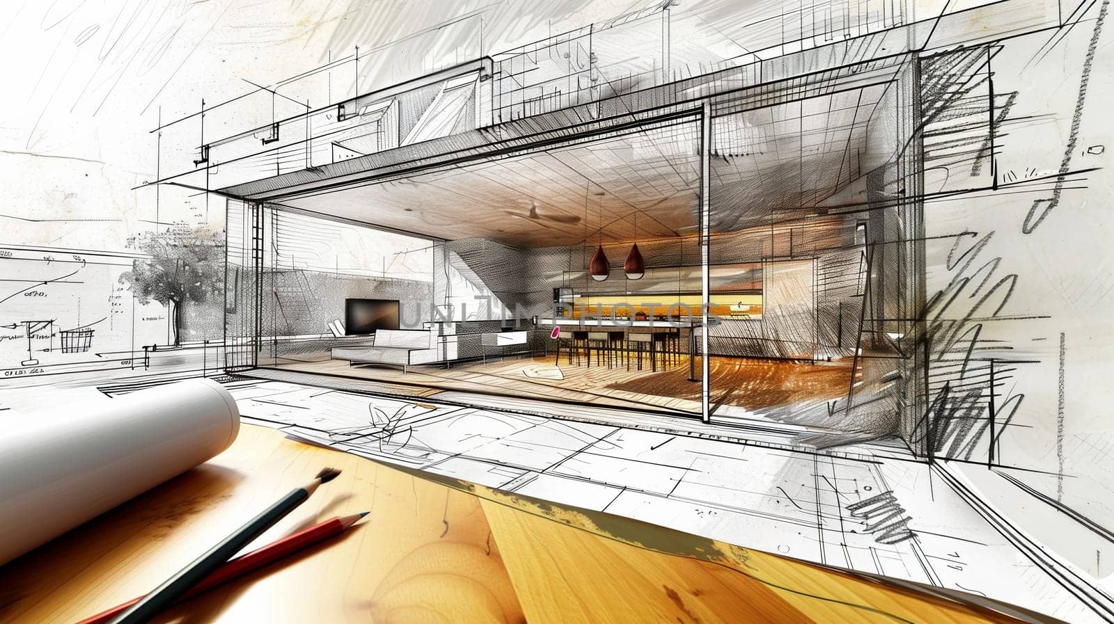 A vibrant drawing showcasing a seamless fusion of a cozy living room and a modern kitchen, featuring elegant furniture, stylish decor, and an inviting atmosphere. Generative AI by AnatoliiFoto