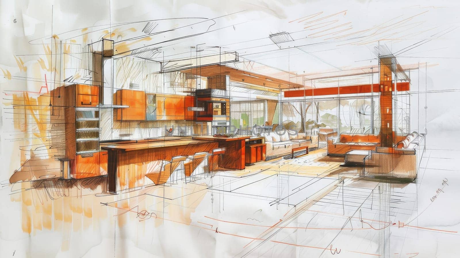 This colorful drawing showcases the fusion of a cozy living room and a modern kitchen, featuring stylish furniture, decorative elements, and architectural details.