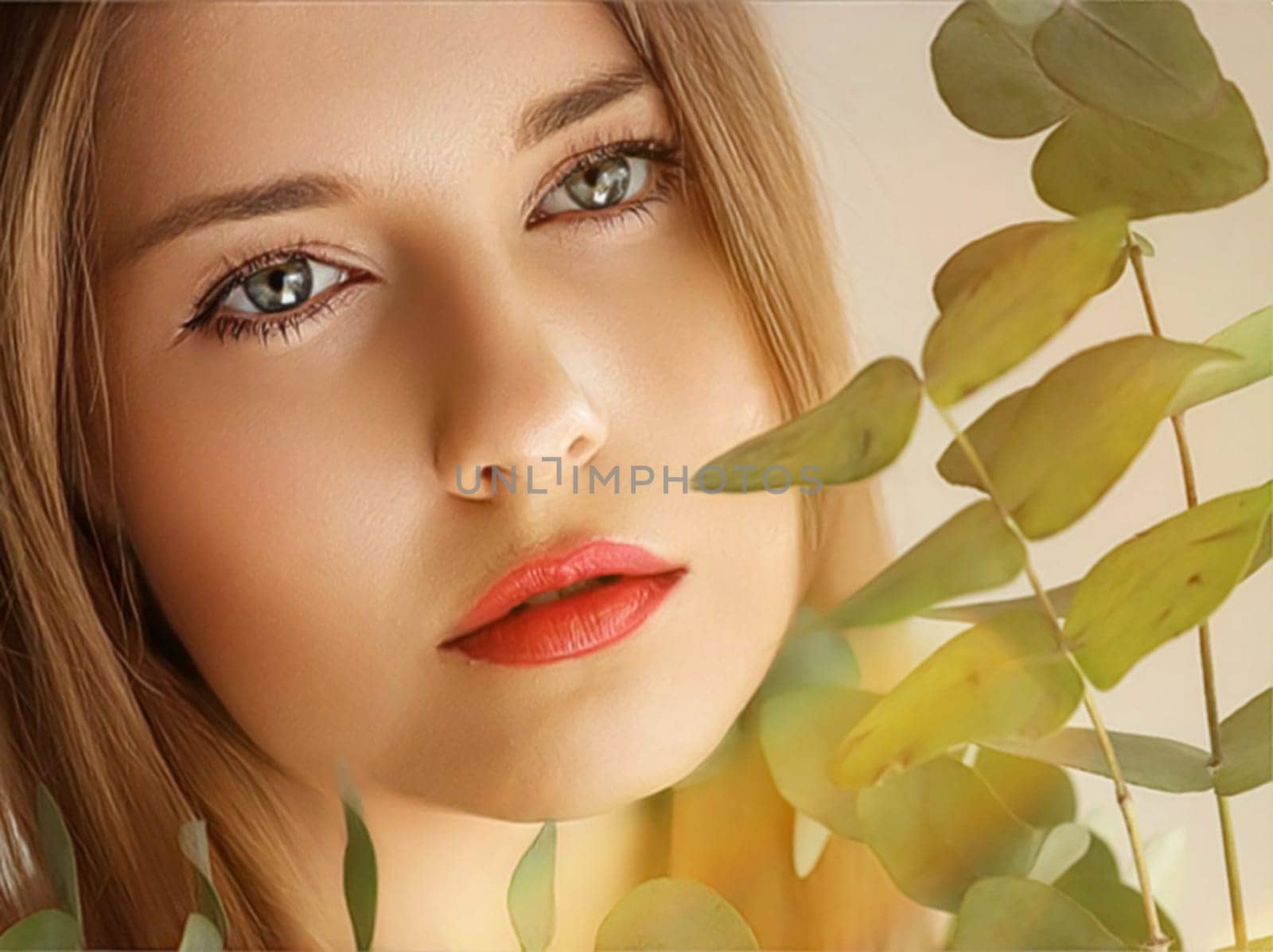 Beauty, makeup and hairstyle, face portrait of beautiful woman with green leaves branch, red lipstick makeup for skincare cosmetics and fashion look by Anneleven