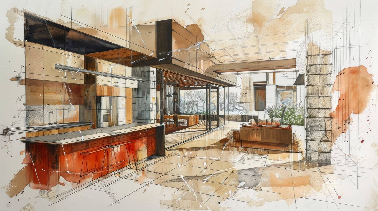 A colorful drawing showcasing a seamless blend of a kitchen and living room, with intricate details and imaginative design elements. Generative AI by AnatoliiFoto