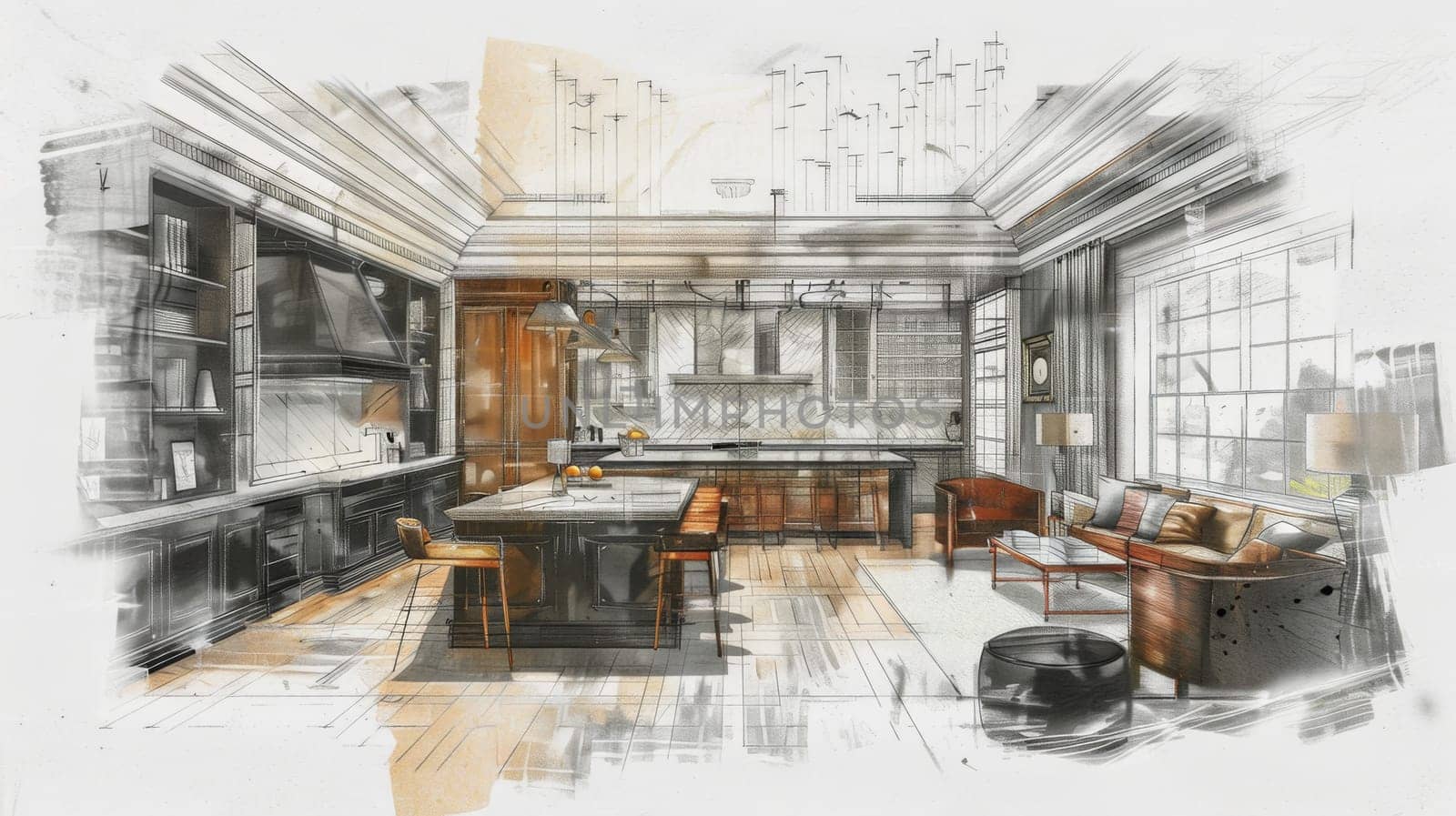 An intricate drawing showcasing a seamless blend of a cozy living room and a sleek, modern kitchen, with detailed design features and inviting aesthetics.