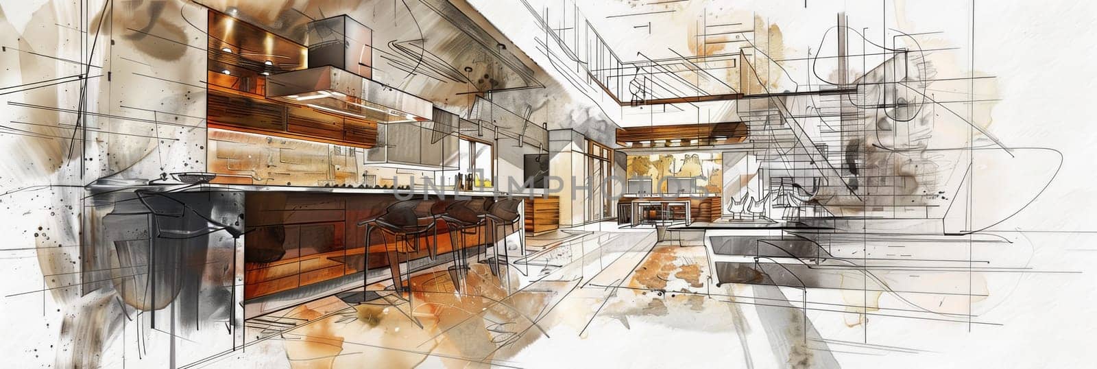 A vibrant drawing showcasing a spacious kitchen with ample counter space, ideal for meal preparation, entertaining guests, and unleashing culinary creativity.
