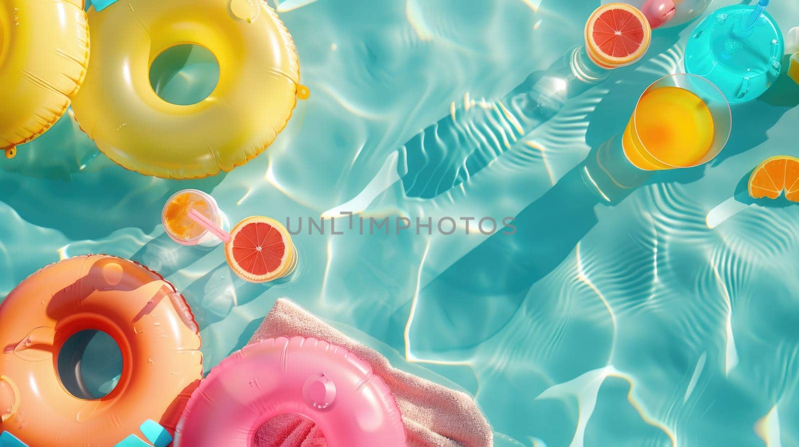 An aqua swimming pool with colorful floats and drinks, surrounded by greenery and azure skies. A relaxing leisure event with vibrant textile patterns and petal art AIG50