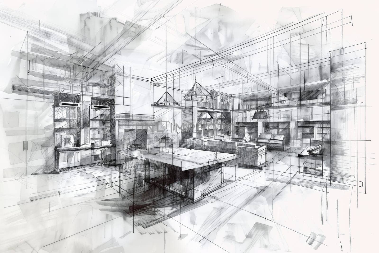 A detailed drawing of a room showcasing a table and shelves, with intricate designs and creativity. Generative AI by AnatoliiFoto