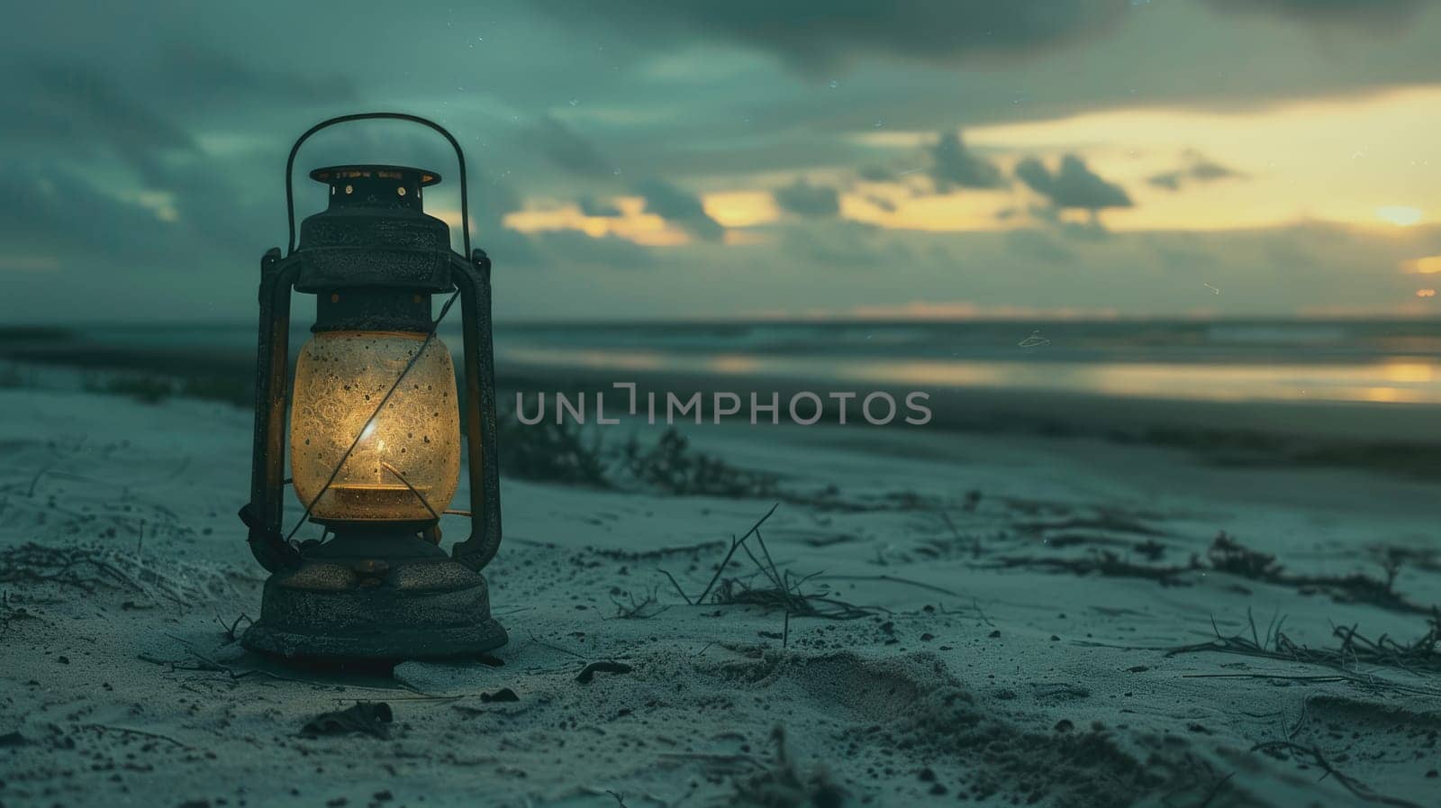A lantern illuminates the beach as the sun sets, casting a warm glow over the water and sky. The landscape is transformed as dusk falls, creating a peaceful and picturesque scene for travelers AIG50