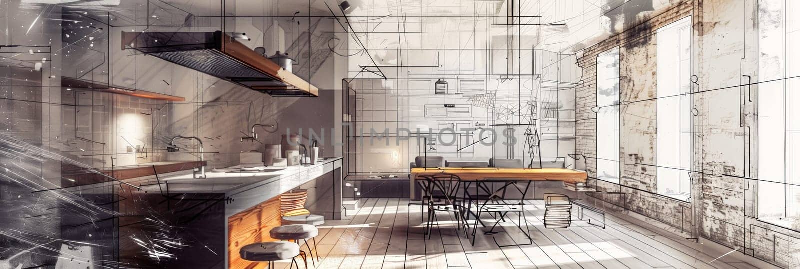 A vibrant and inviting kitchen and dining room space filled with modern appliances, cozy dining furniture, and artistic decor. Generative AI by AnatoliiFoto