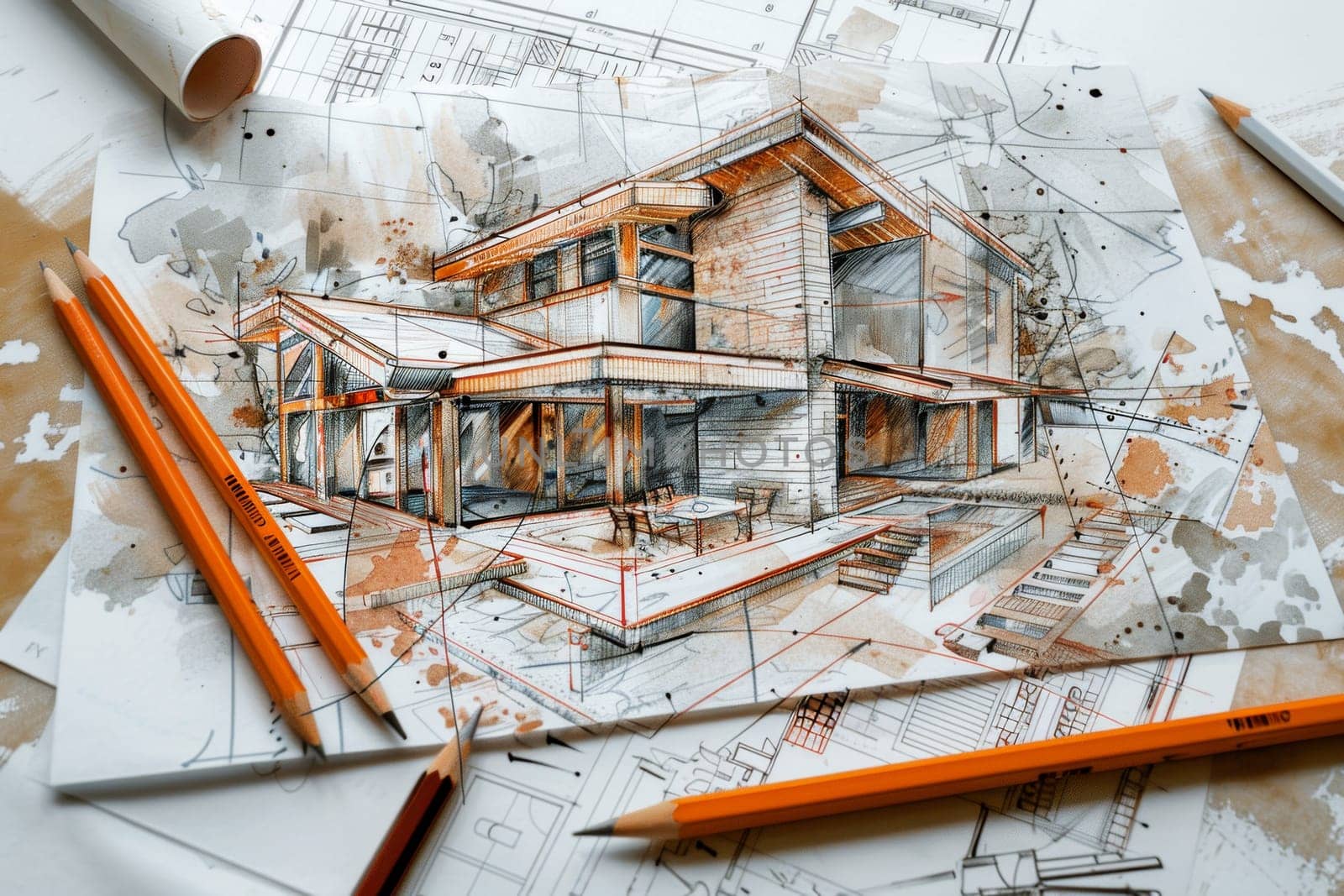 A creative drawing depicts a house placed on top of a table, showcasing a unique and artistic approach to architectural design and renovation. Generative AI by AnatoliiFoto