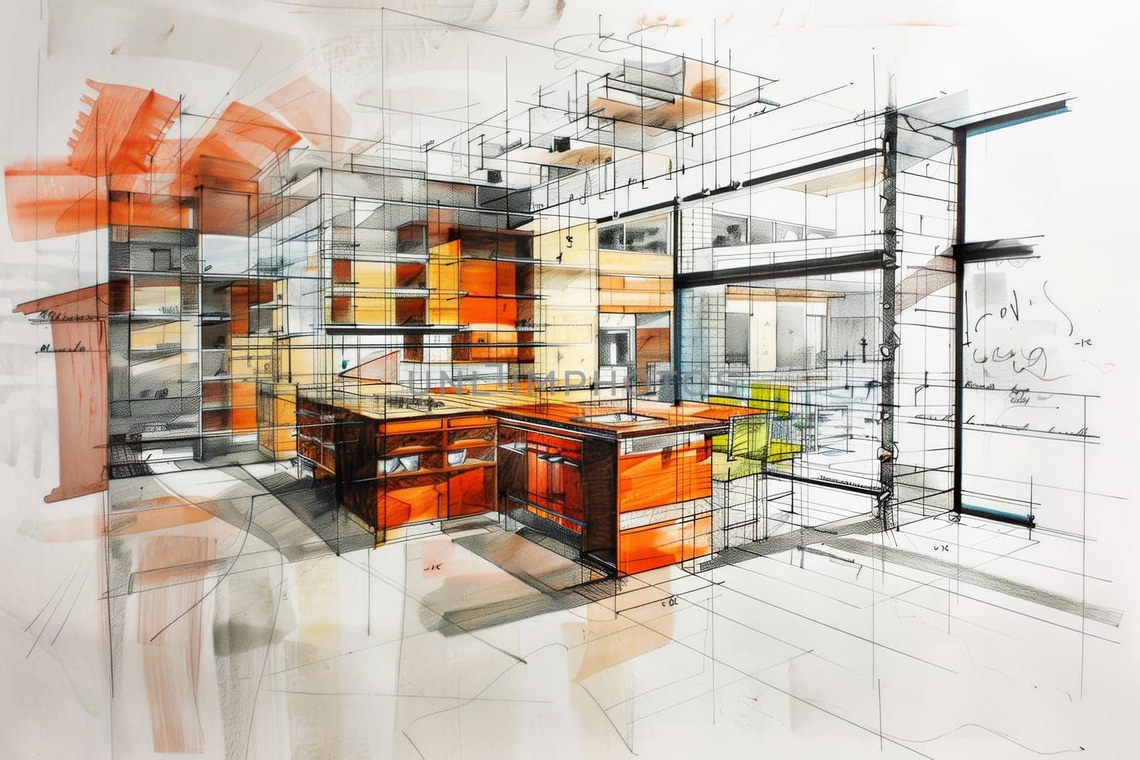 A detailed drawing showcasing a modern kitchen with bold orange cabinets, adding a pop of color to the rooms design.