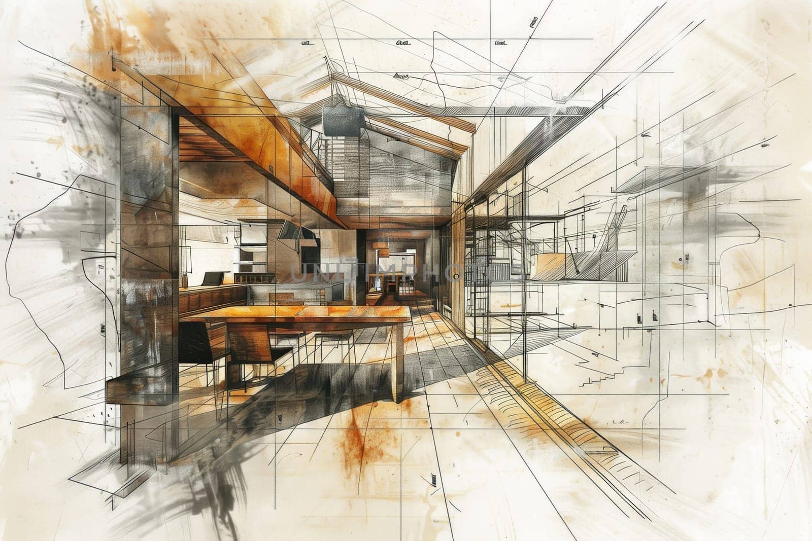 A detailed drawing of a room bursting with various furniture pieces, showcasing a rich and cozy living space. Generative AI by AnatoliiFoto