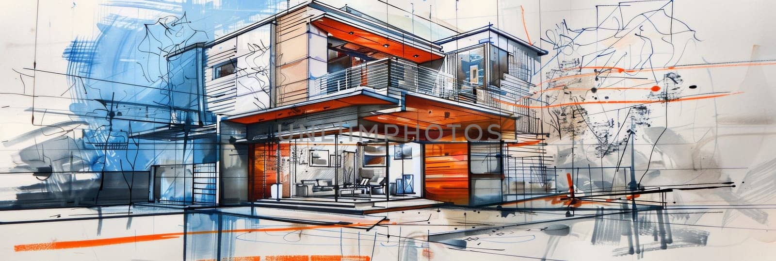 A captivating drawing of a building adorned with a myriad of windows, exuding an aura of light and warmth. Generative AI by AnatoliiFoto