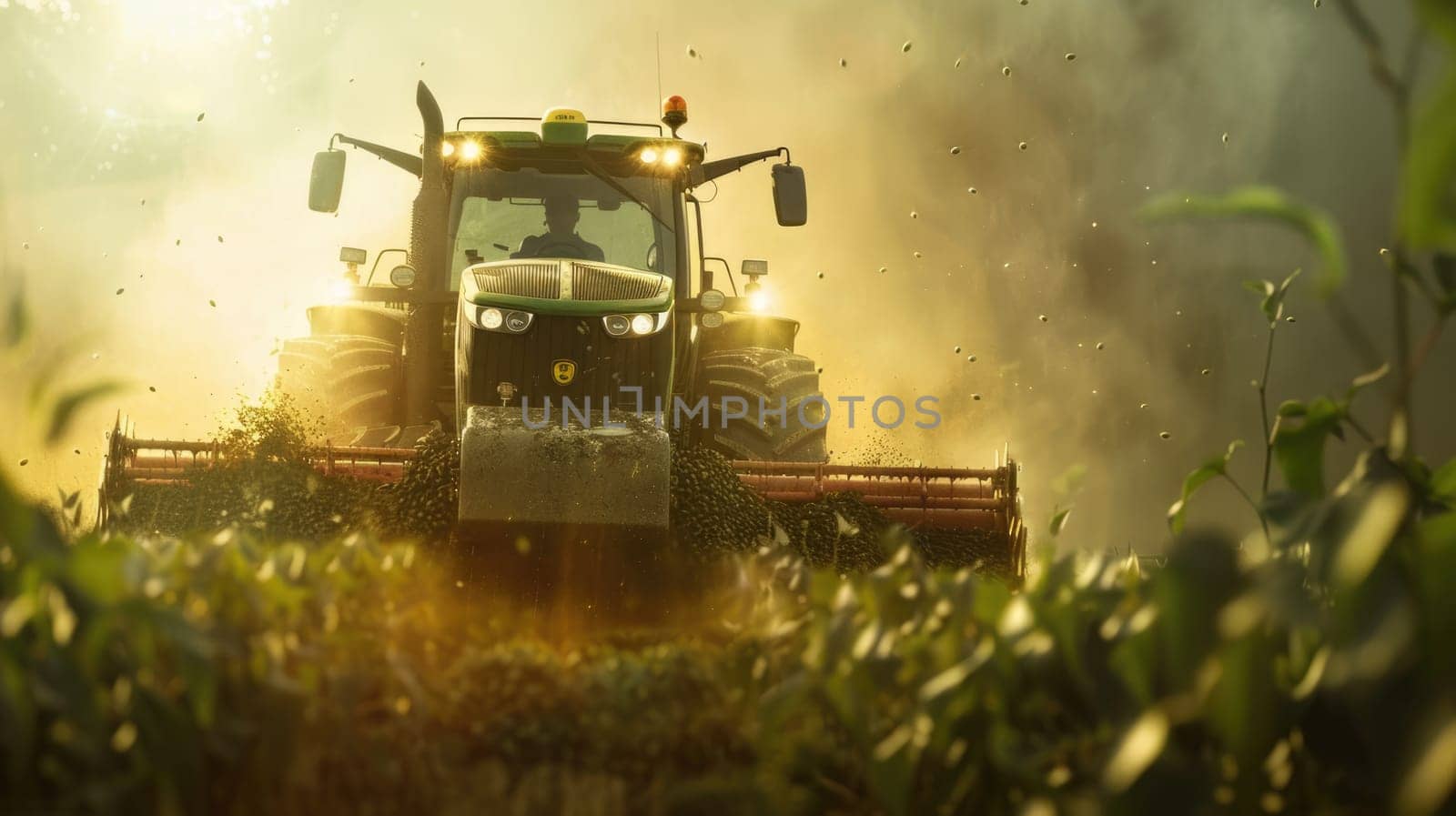 A green tractor is harvesting a field of wheat on a sunny day. AIG51A.