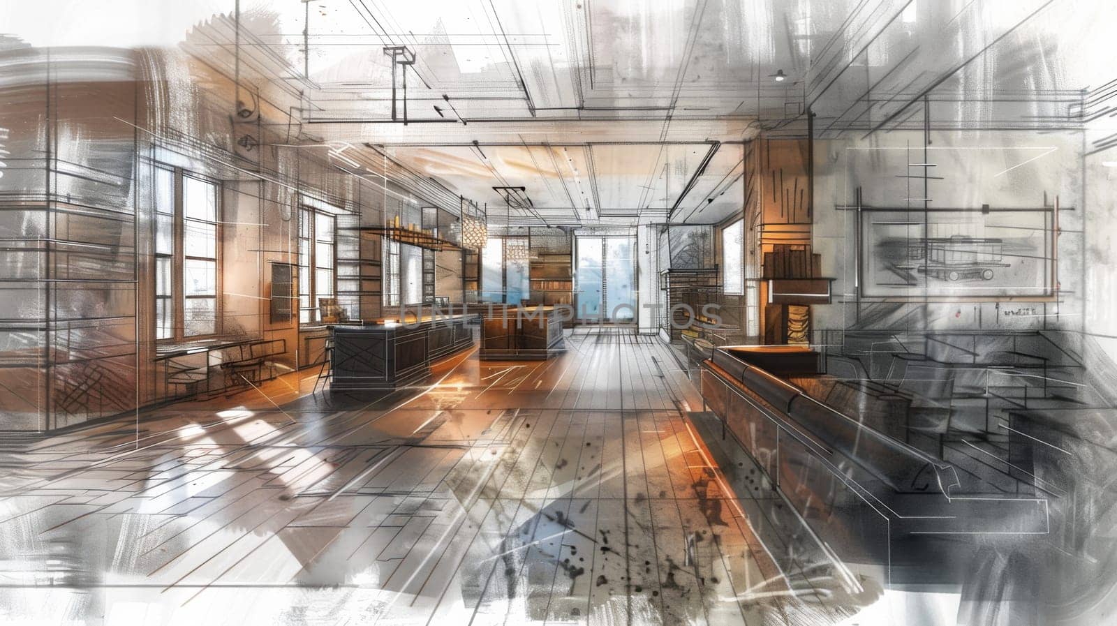 A detailed drawing of a long hallway lined with numerous large windows, casting beams of natural light throughout the space. Generative AI by AnatoliiFoto