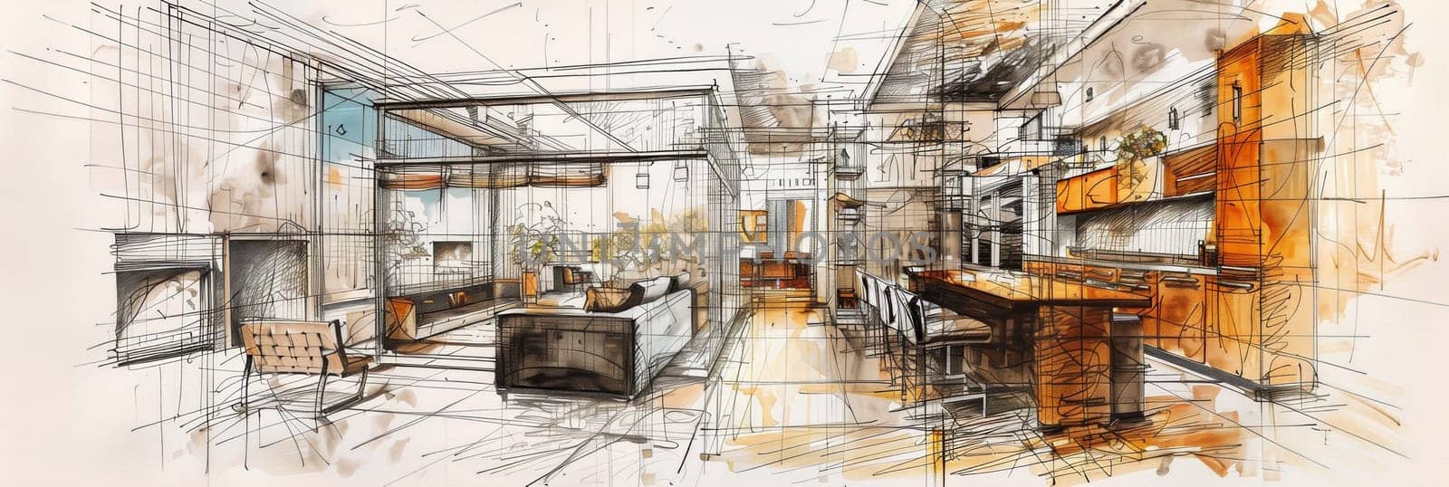 A detailed drawing showcasing a luxurious living room and kitchen with stylish furniture, elegant decor, and open layout design. Generative AI by AnatoliiFoto