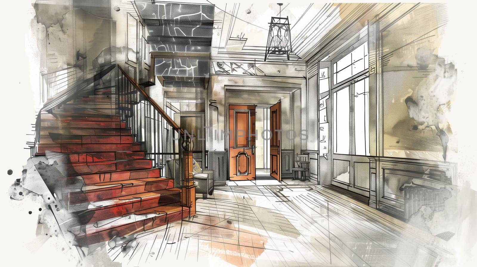 A detailed drawing of a staircase in a house, showcasing the intricate design and architectural elements of the structure. Generative AI by AnatoliiFoto