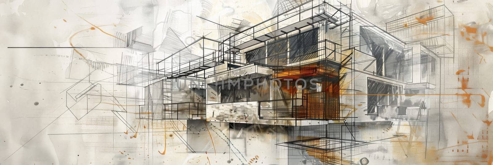A detailed drawing of a building covered in scaffolding, showcasing a reconstruction project in progress. Generative AI by AnatoliiFoto