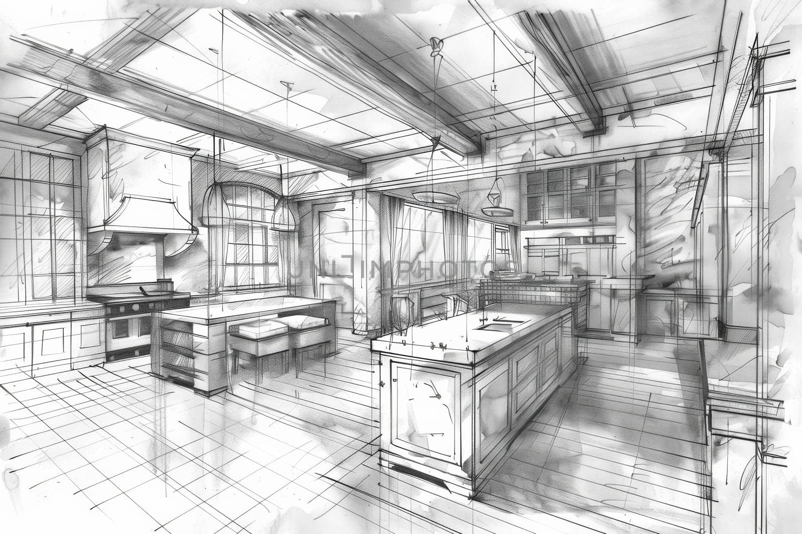 A detailed sketch of a modern kitchen featuring a central island, perfect for food prep and social gatherings. The design showcases sleek cabinetry, pendant lighting, and a spacious layout. Generative AI by AnatoliiFoto