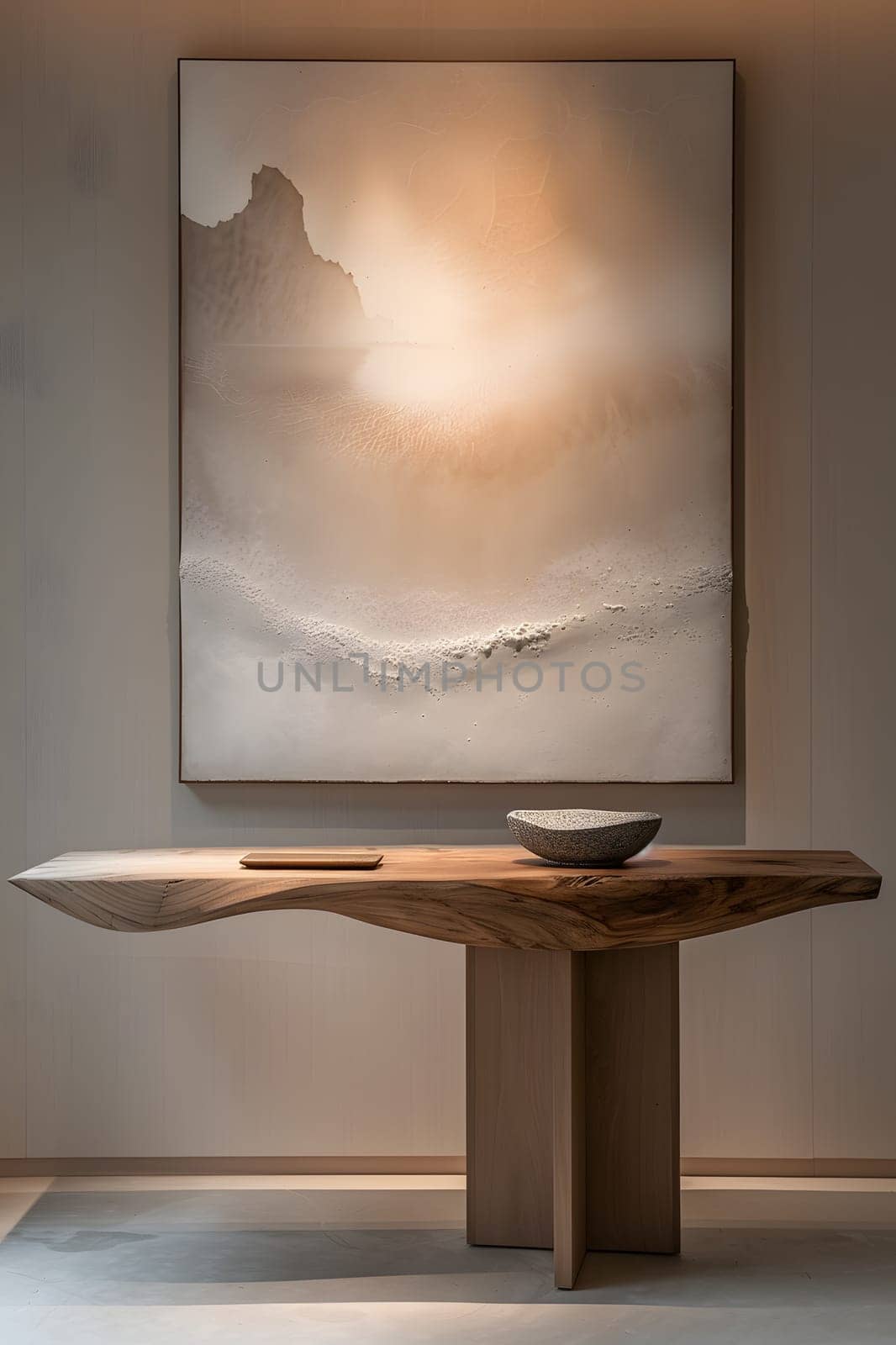 Wooden table with art above a perfect display setup by Nadtochiy