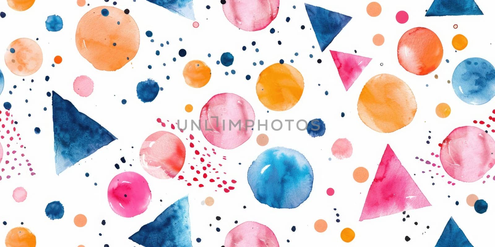 A watercolor painting of overlapping circles and triangles in various bright colors. AIG51A.