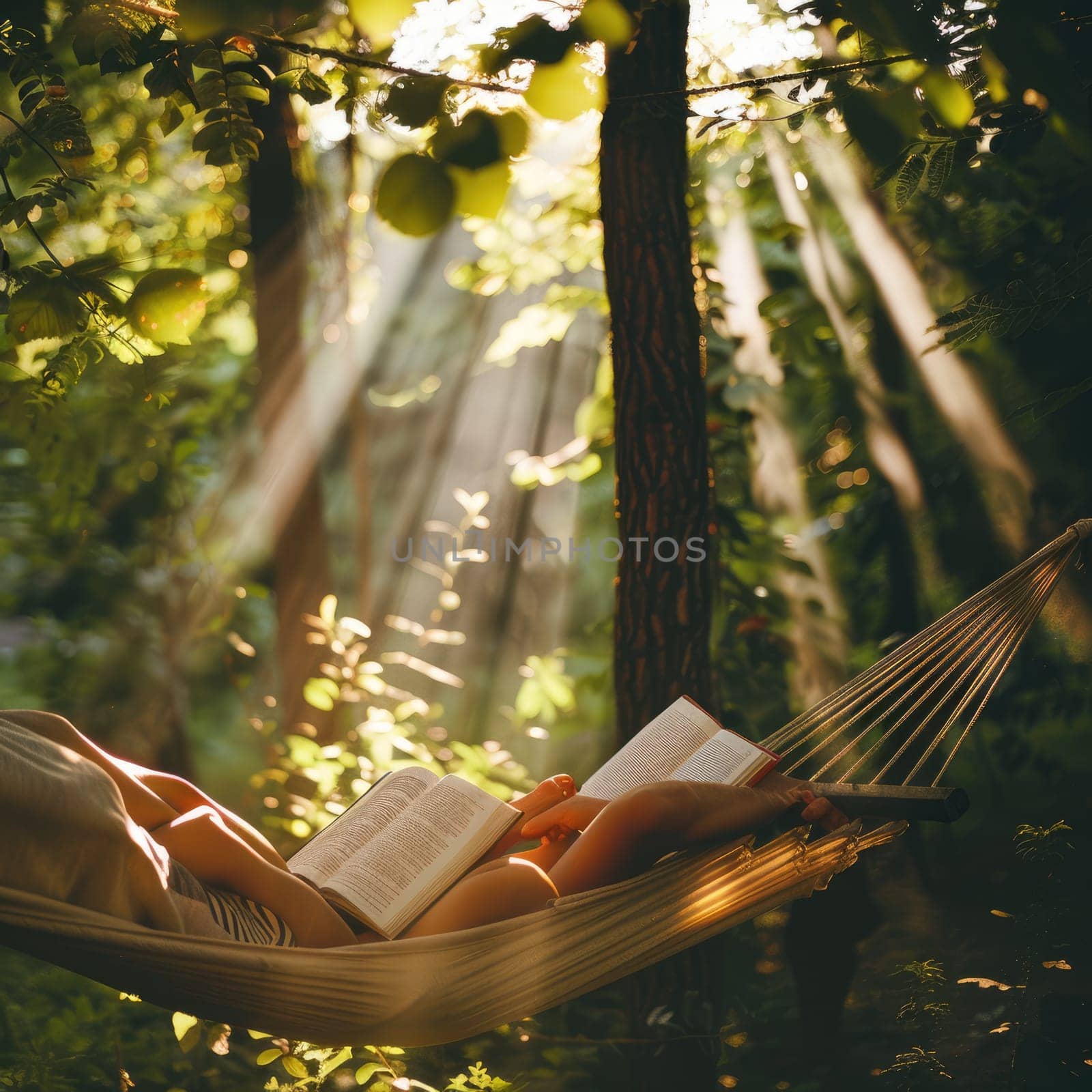 Relaxing in a hammock, surrounded by the tranquil landscape of trees and grass, a person enjoys leisurely reading a book under the shade of a terrestrial plant AIG50