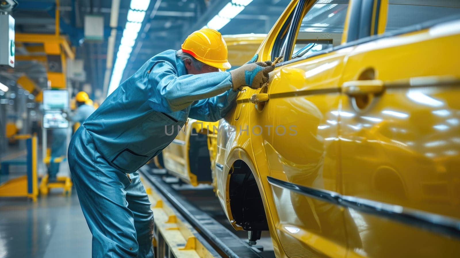 A man is working on a car in a factory, focusing on tires, wheels, automotive lighting, and design. AIG41