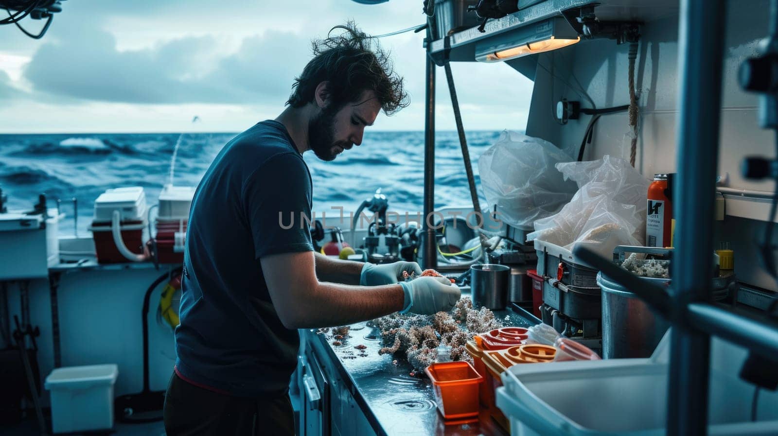 Professional marine biologist cleaning sea creature while traveling by boat in a middle of the sea. Attractive smart scientist washing coral or preparing for researching sample from the ocean. AIG42.