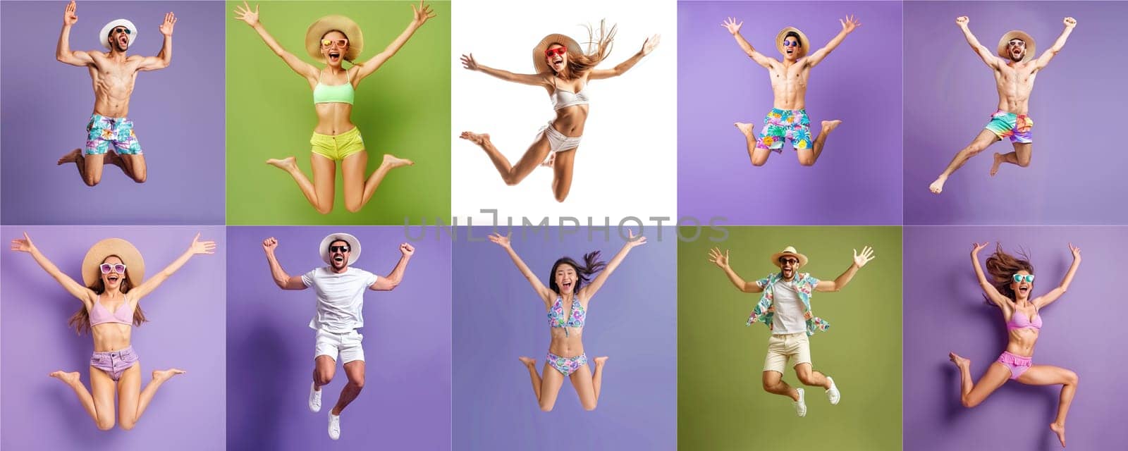 Summer people collection set, diverse people jumping on colorful background, many people funny jump wearing summer outfit fashion ready for swim and summer activity, summertime, beachwear AIG48