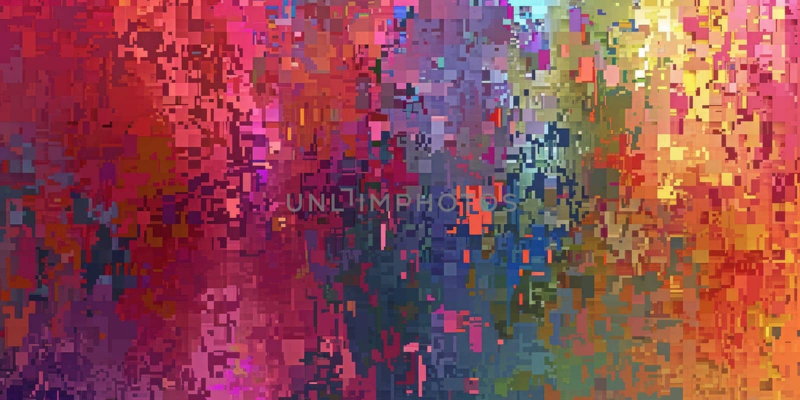 Artistic abstract digital image of rainbow color in pixel art texture. The squares are various sizes and bright colors, including red, blue, yellow, green, and orange. Gradient color concept. AIG42.