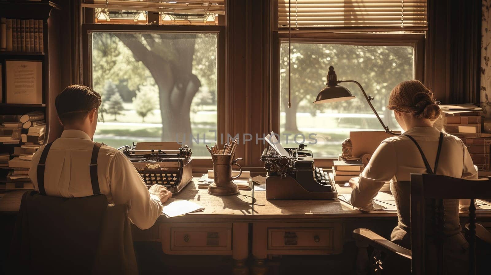 Two women seated at a table with a typewriter, sharing a conversation in a building with a window overlooking the street. AIG41