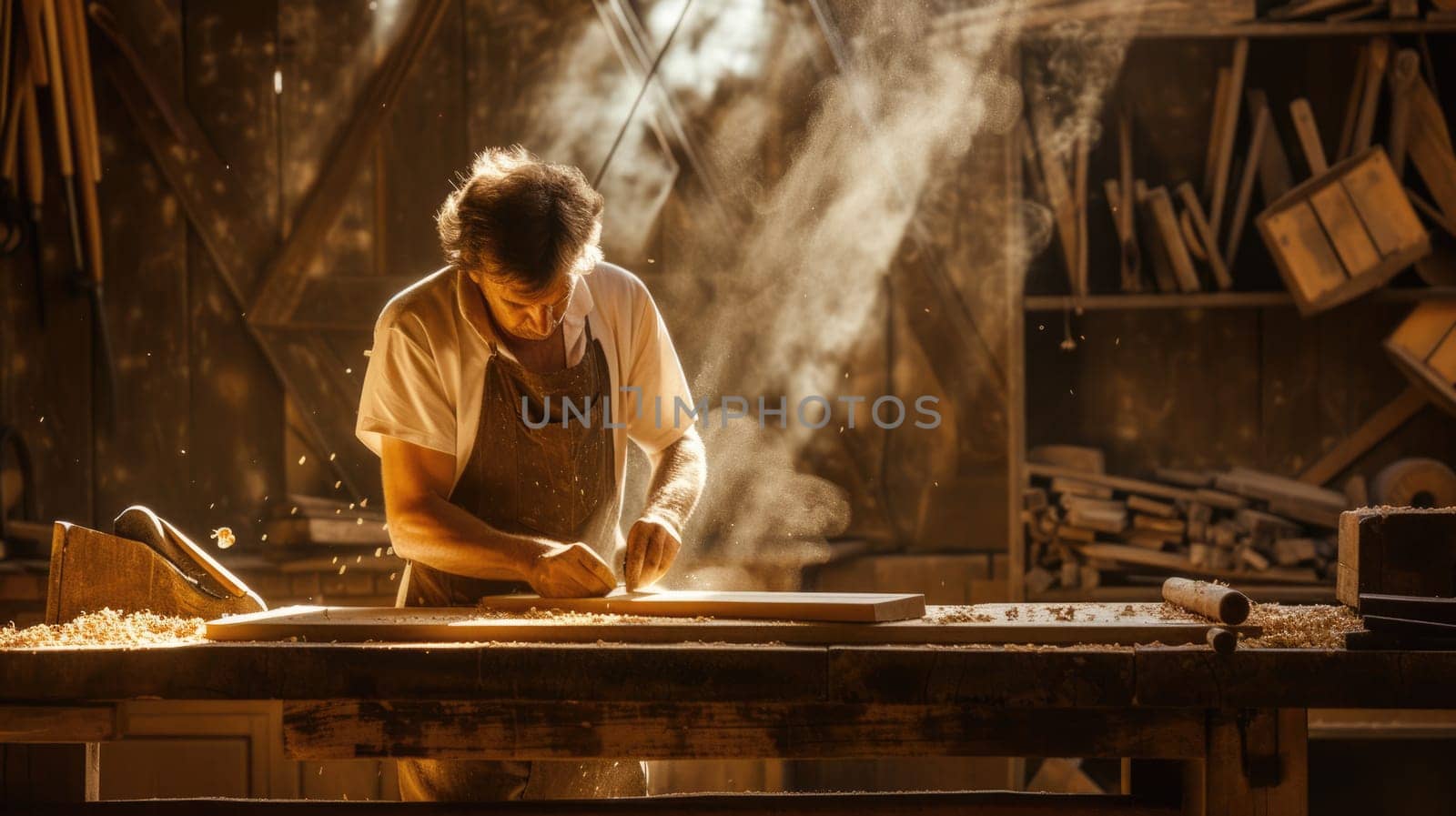 An experienced artisan carefully shapes wooden elements, demonstrating the art of fine woodworking in his cluttered workshop. AIG41