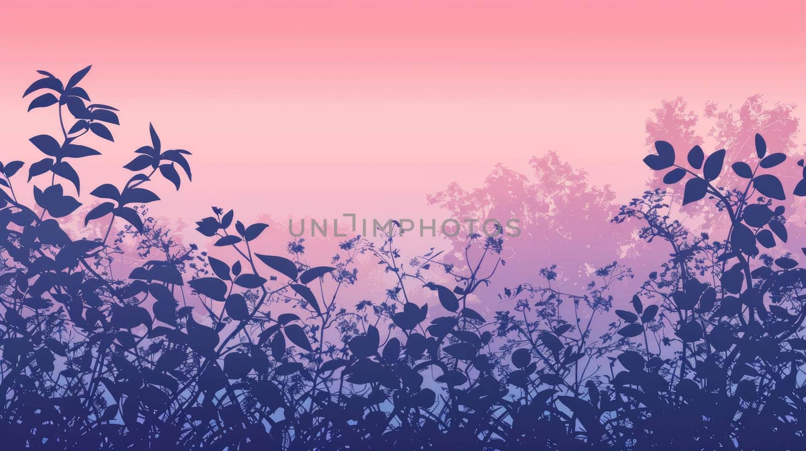 A row of tree silhouettes with twisted twigs against a pink and violet dusk sky, creating a serene natural landscape atmosphere AIG50