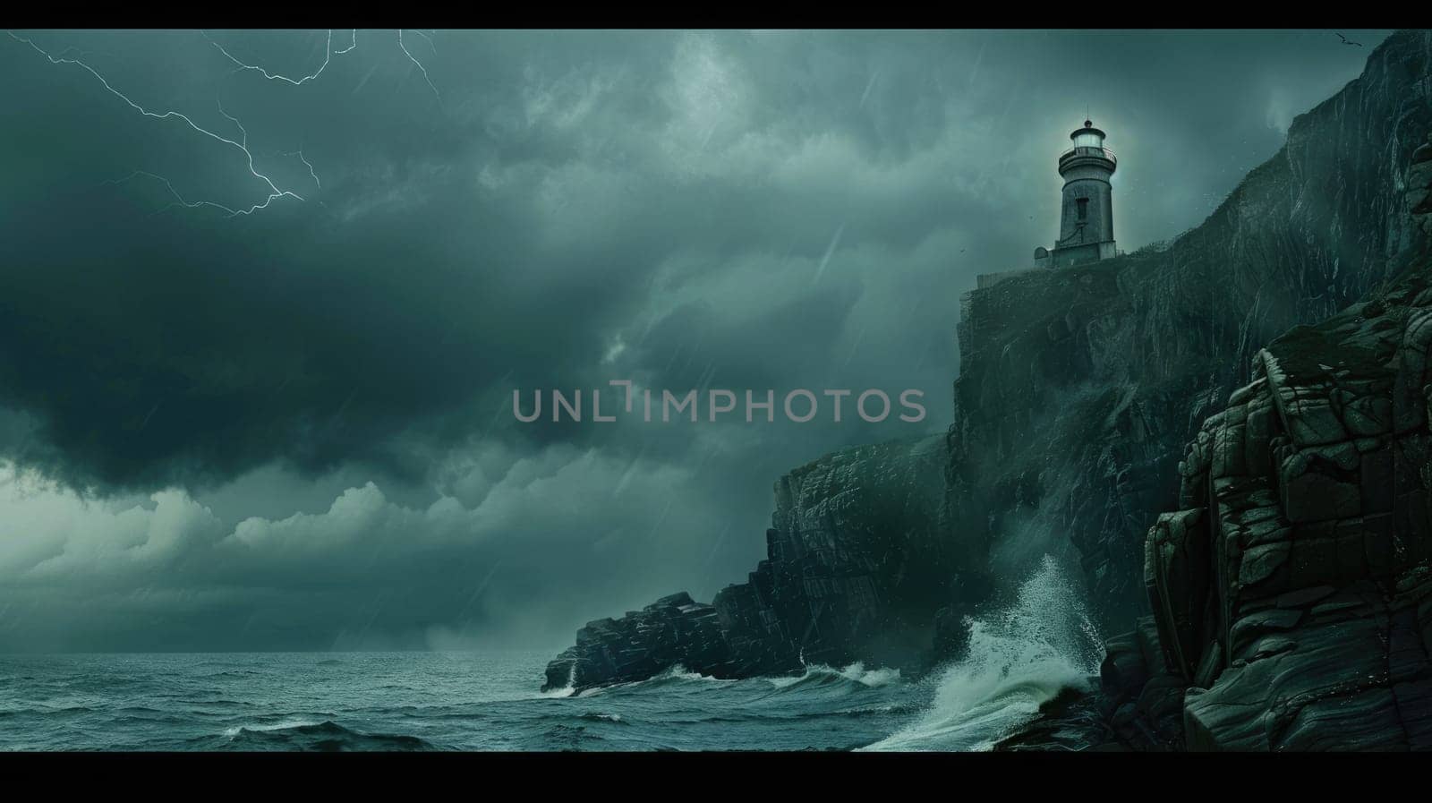 A lighthouse stands on a cliff above the ocean on a cloudy day, with water below, cumulus clouds in the sky, and wind waves on the horizon AIG50