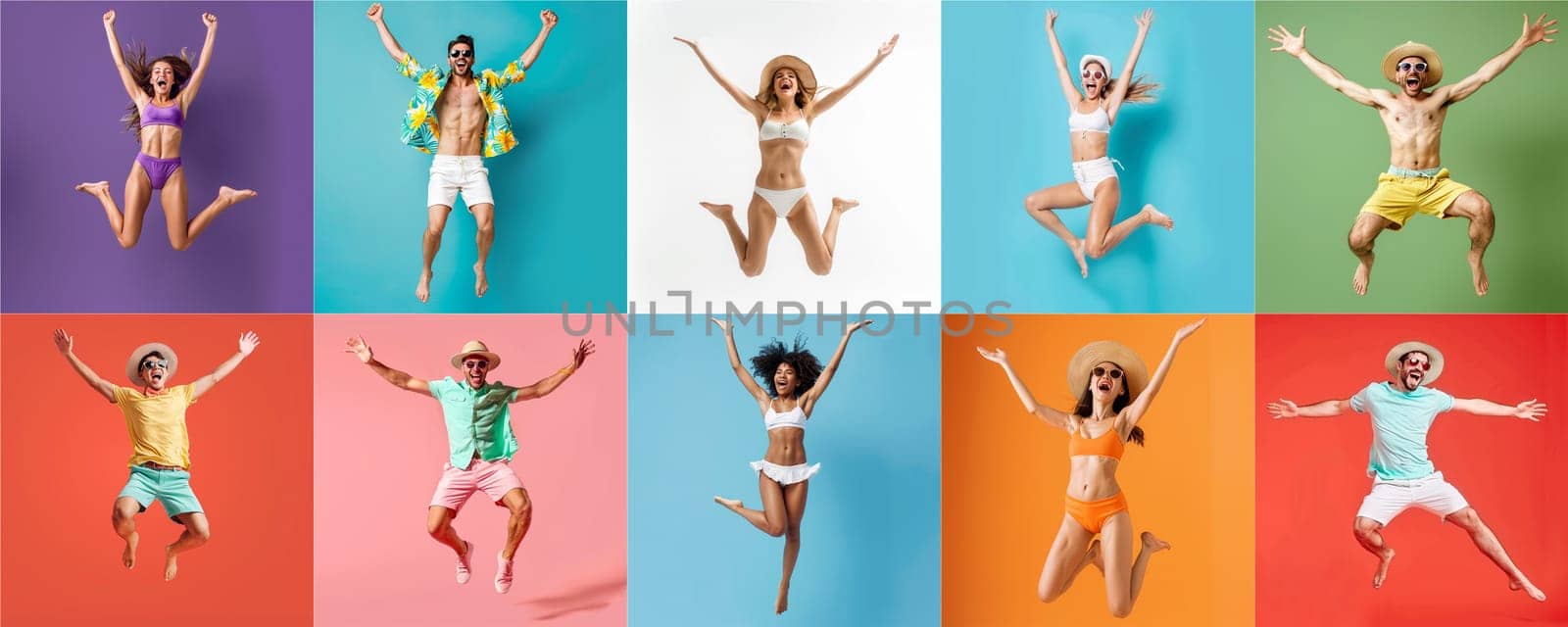 Summer people collection set, diverse people jumping on colorful background, many people funny jump wearing summer outfit fashion ready for swim and summer activity, summertime, beachwear AIG48