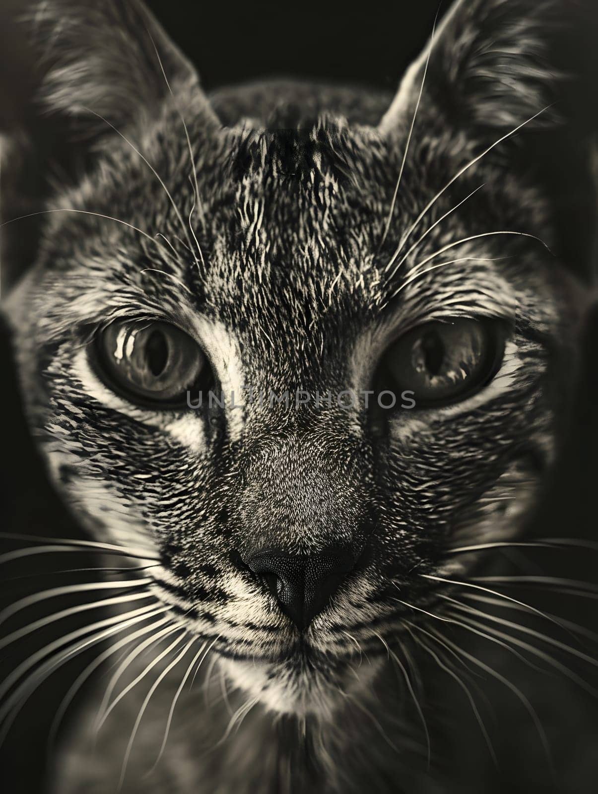 A monochromatic image capturing the head of a Felidae, showcasing its striking eye with a mesmerizing iris and whiskers adorning its carnivorous snout