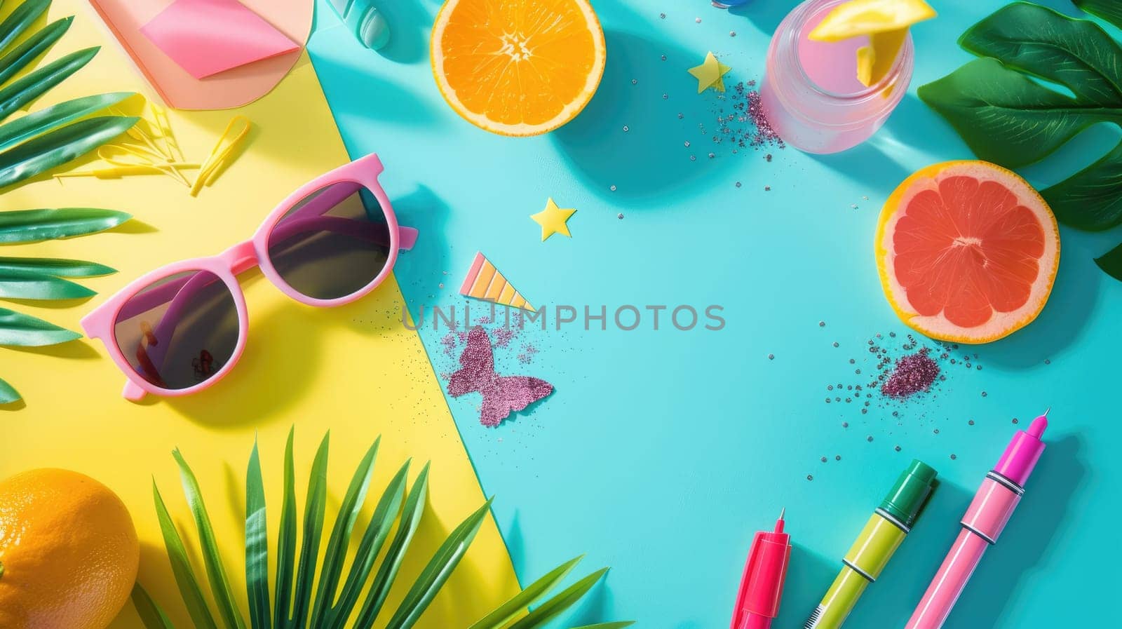 A table adorned with a diverse collection of colorful objects and decorations, featuring green plants, azure water elements, orange art pieces, and a variety of organisminspired decor items AIG50
