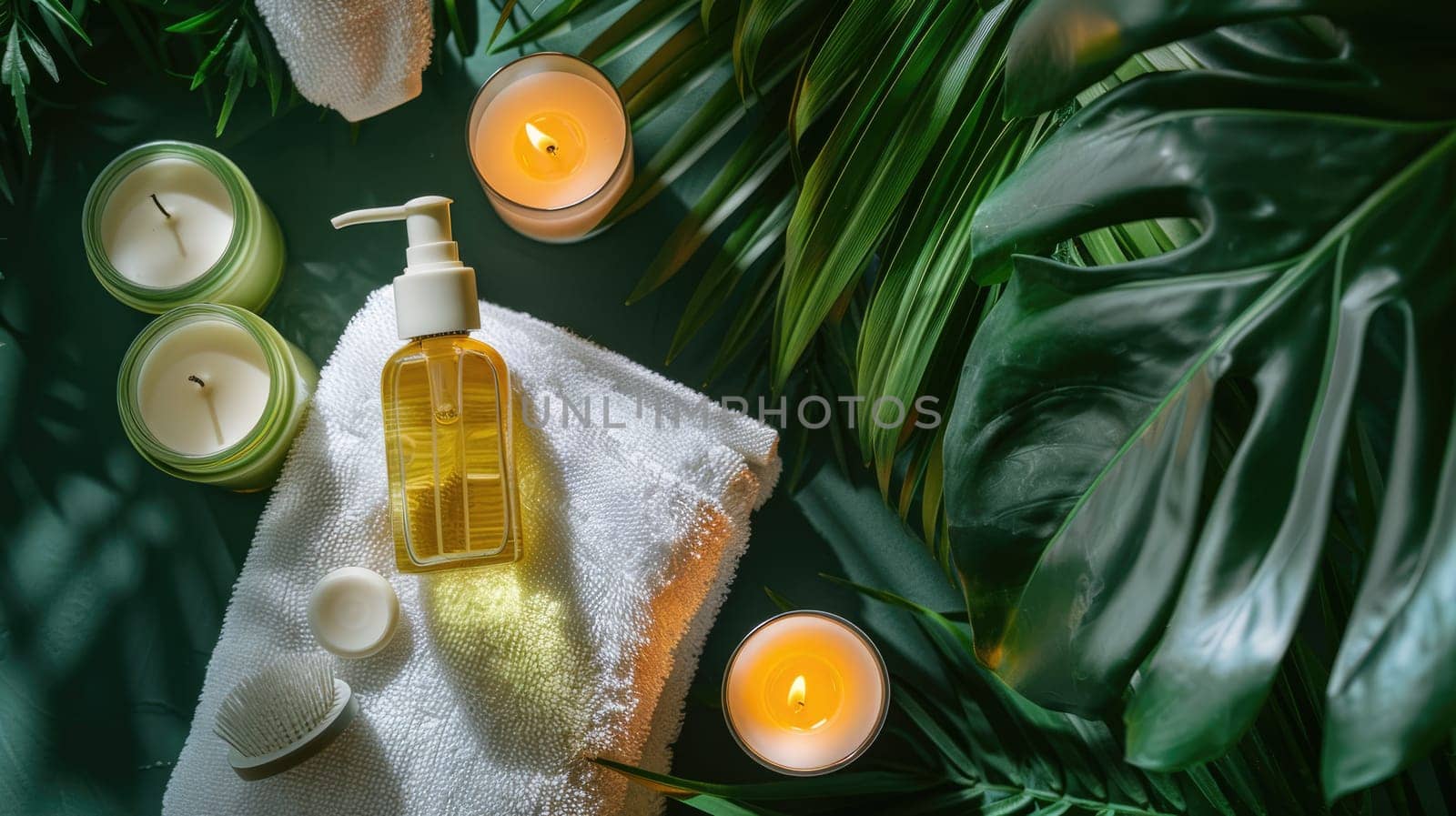 The table is adorned with a beautiful display of candles and flowers, including yellow chamomile blooms. The combination creates a serene and artistic atmosphere AIG50