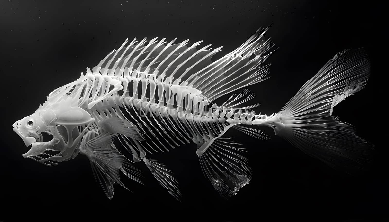 A black and white photo showcases the skeleton of a fish, highlighting its fin, tail, and electric blue color. The image is reminiscent of marine biology studies and monochrome photography