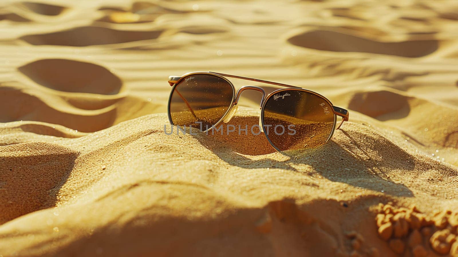 A fashionable pair of sunglasses made of transparent material sits atop a pile of sand on a beach, providing vision care and protection from the bright sunlight AIG50