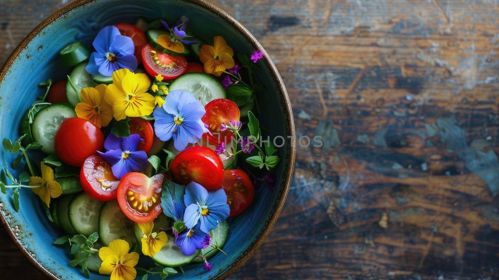 A plantbased recipe using natural foods like vegetables and edible flowers, beautifully presented on tableware. Includes ingredients like roses, fruits, and fresh vegetables AIG50