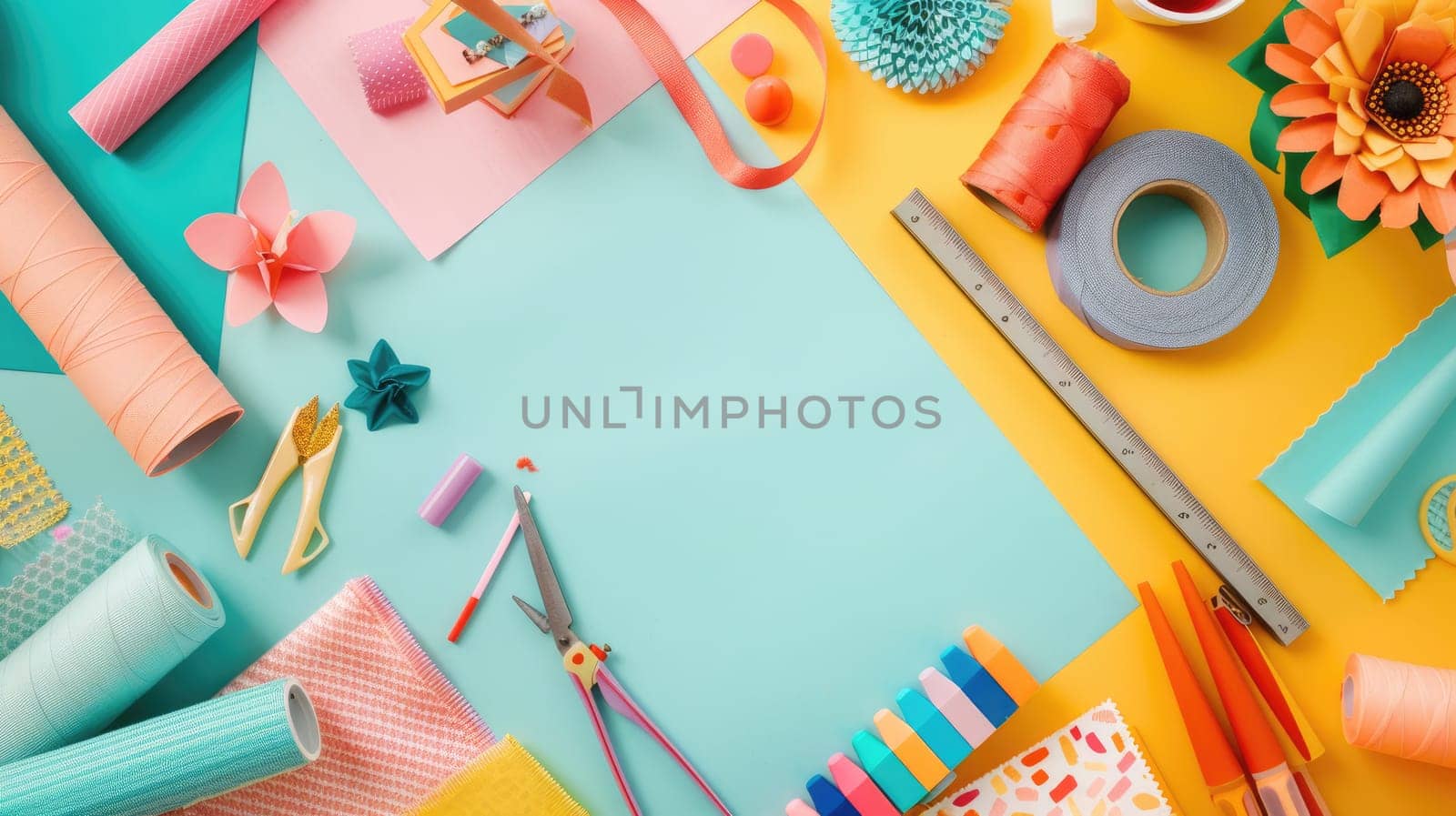 A table decorated with paper flowers, craft supplies, and colorful textiles in shades of green, azure, orange, yellow, and aqua. The vibrant electric blue patterns add an artistic touch AIG50