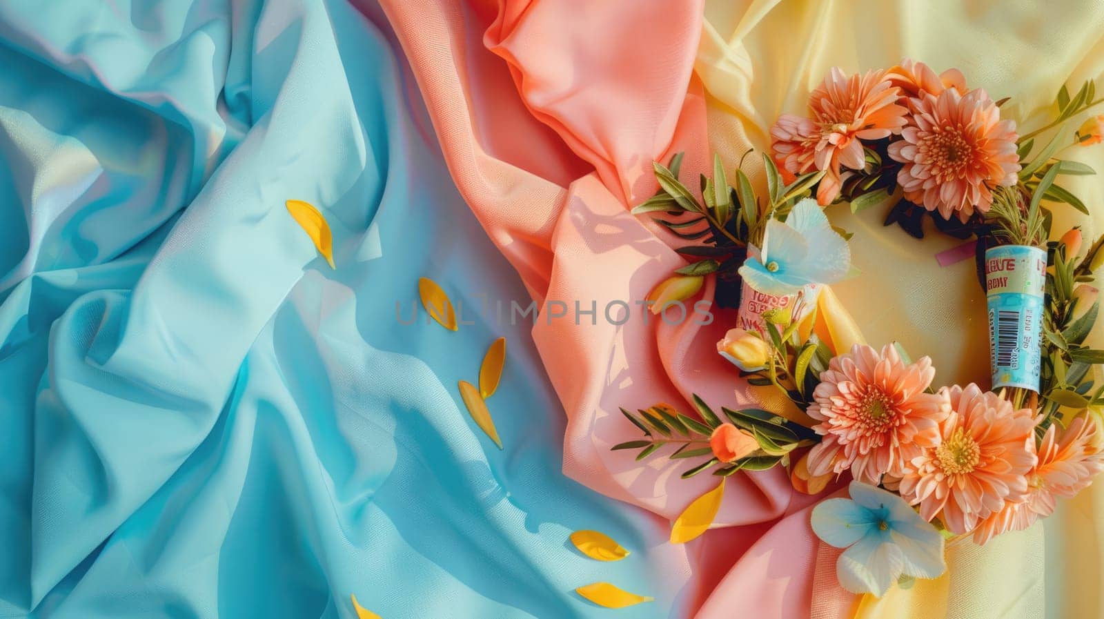 A vibrant display of colorful textiles and flowers in shades of orange, pink, and magenta on a sunny yellow background. This artful arrangement exudes a happy and joyful vibe, perfect for any event AIG50