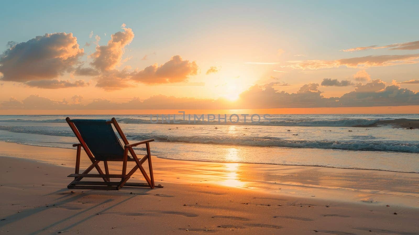 A chair is placed on the beach at dusk, with water reflecting the colorful sky and clouds as the sun sets over the horizon, creating a serene landscape AIG50