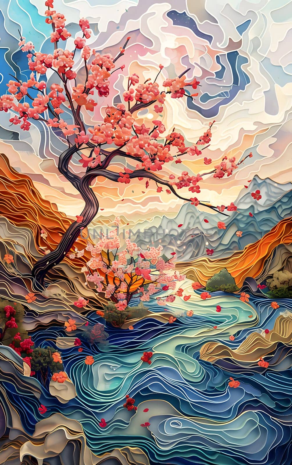 A stunning painting capturing a river with a cherry blossom tree in the forefront, showcasing the beauty of nature through art and watercolor paint