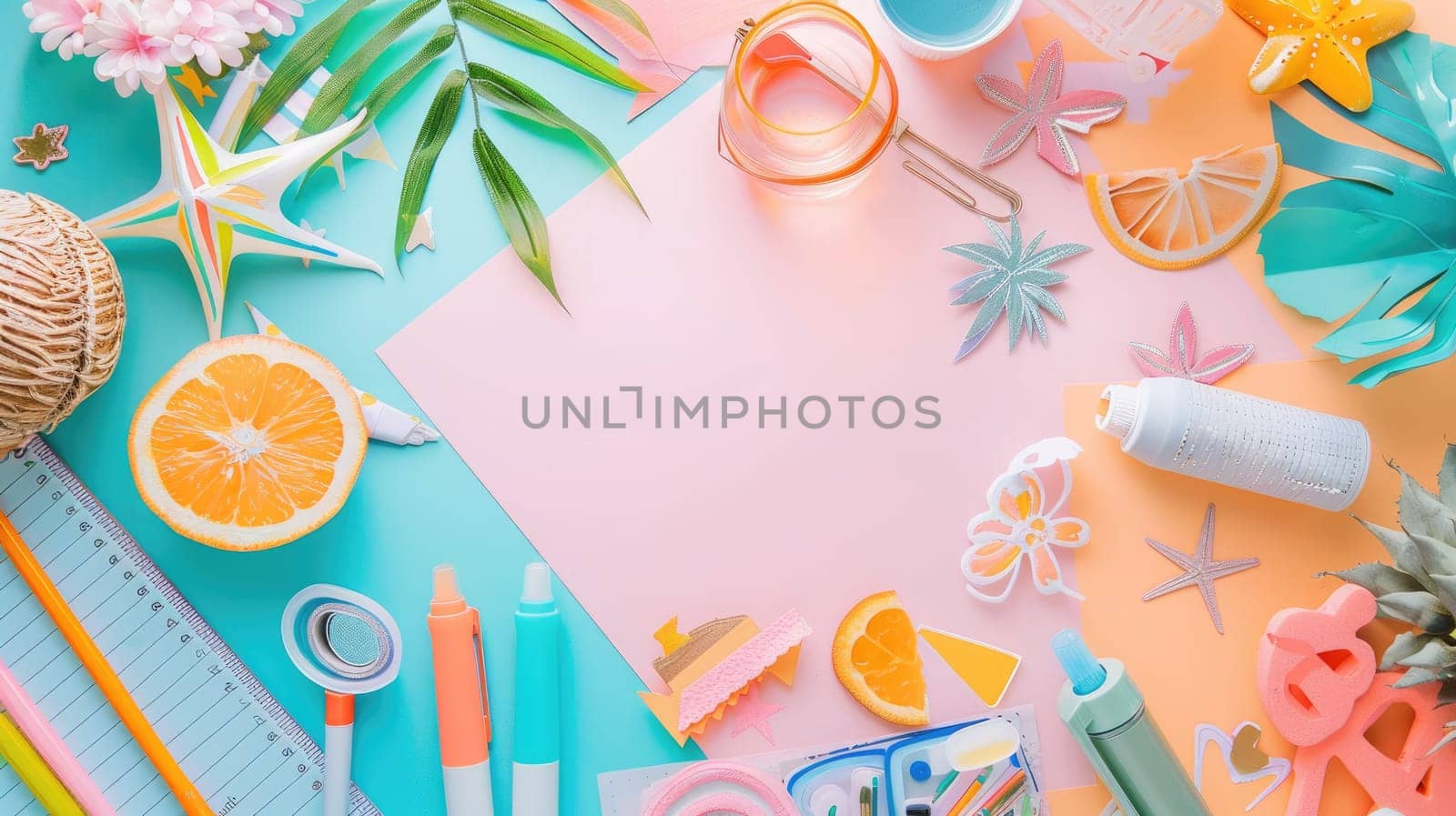 Using their green thumb and nimble fingers, a person creates paper flowers and leaves on an azure table, surrounded by nature and beauty AIG50