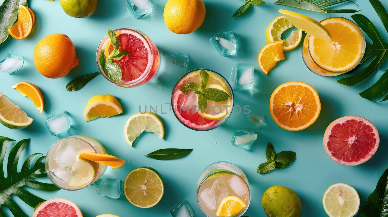 The table is adorned with a variety of fruits and leaves, including Rangpur, Hardy kiwi, and oranges. These natural foods can be used as ingredients in recipes AIG50