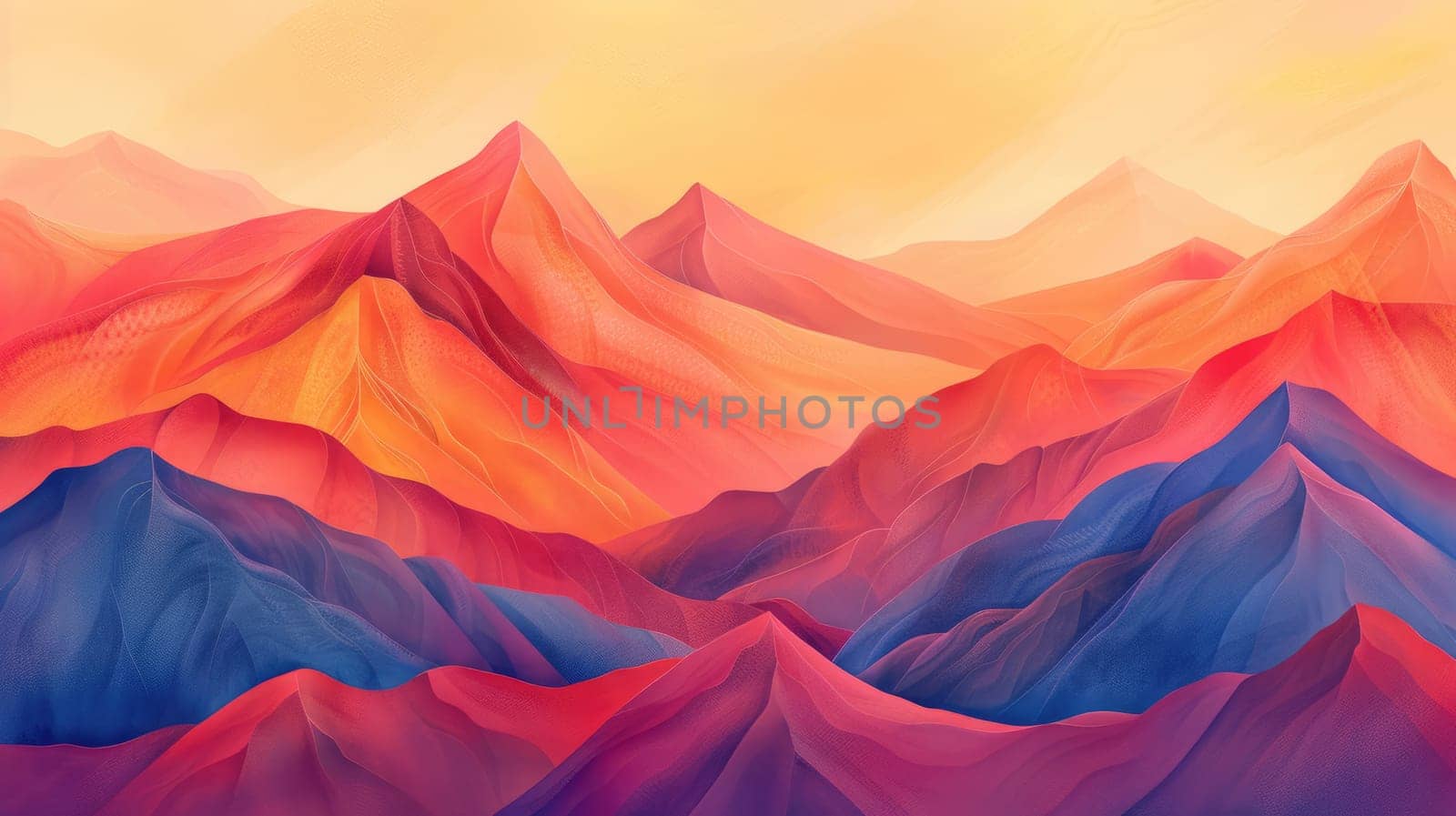 A vibrant painting of a mountain range with the sun shining through the orangetinted mountains, showcasing creative use of tints and shades and triangular shapes AIG50