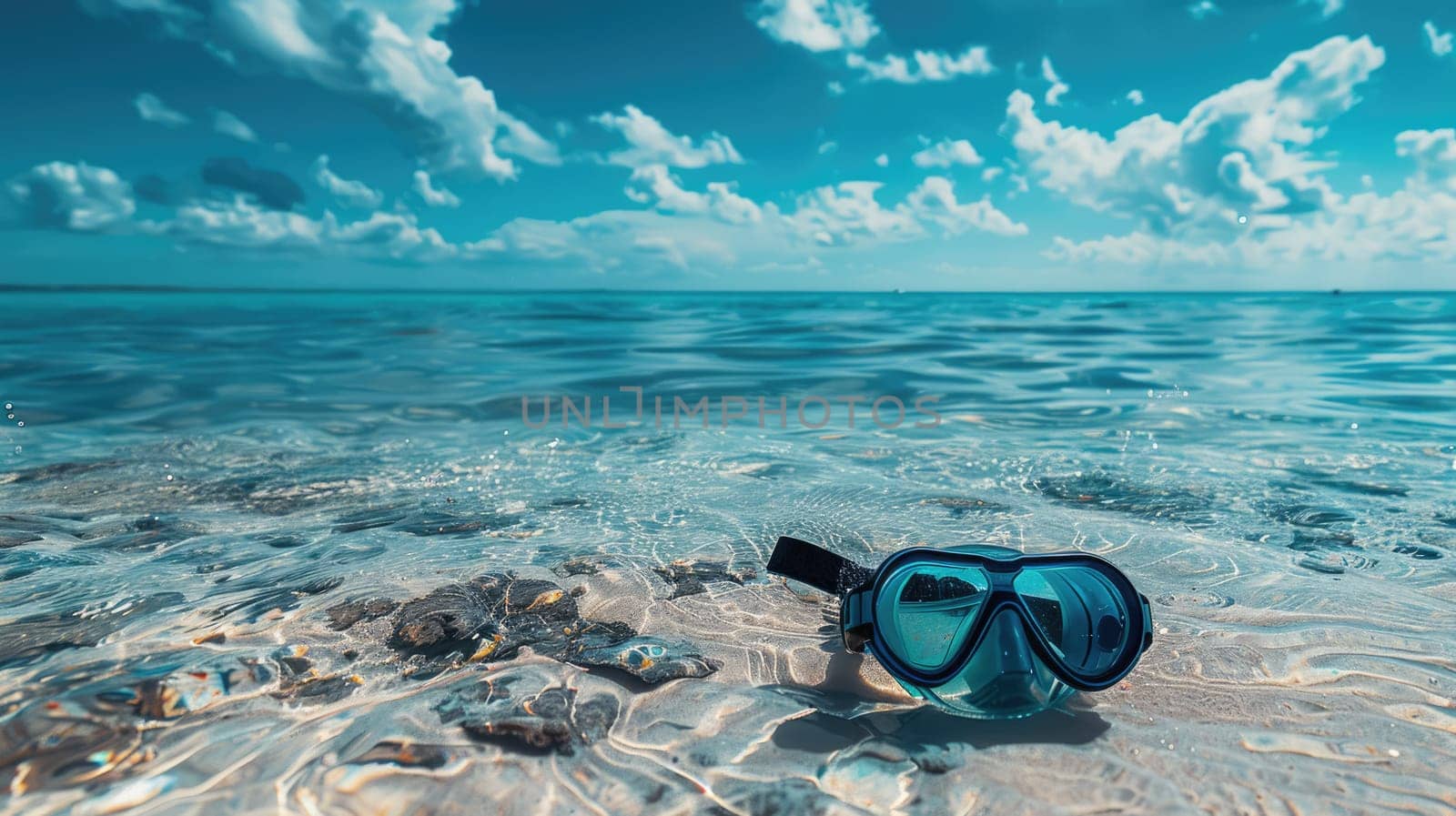 A pair of scuba diving goggles lay on the sandy beach, with azure waters and blue skies creating a picturesque natural landscape. Vision care eyewear for underwater adventures AIG50