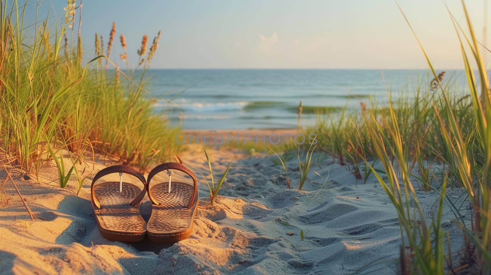 A pair of flip flops rests in the sand on a beach at sunset, with water gently lapping nearby and clouds painting the sky in hues of orange and pink AIG50