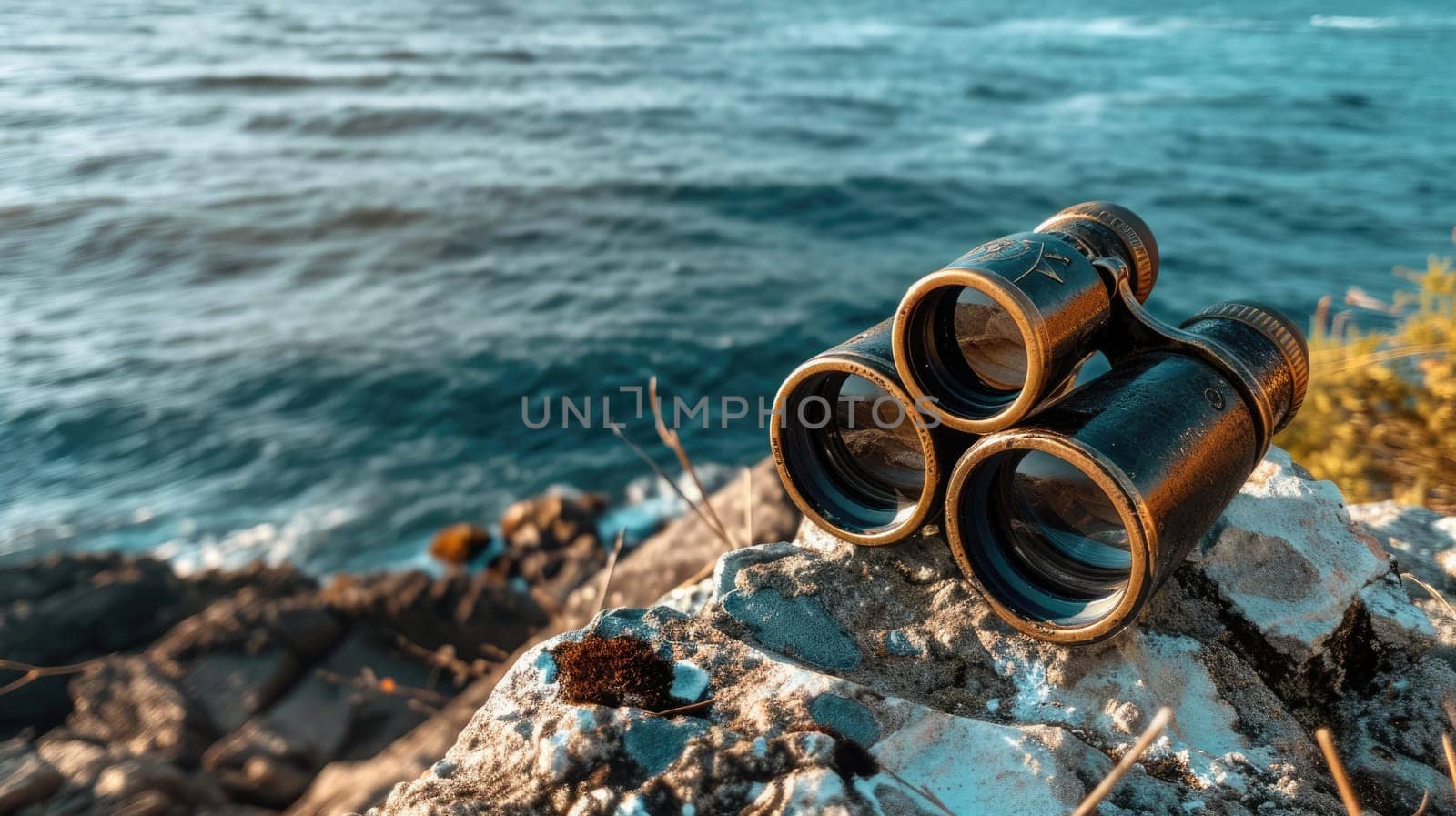 A pair of binoculars rests on a sturdy rock overlooking the ocean, where wind waves crash against the rocky shores and liquid water meets solid bedrock AIG50